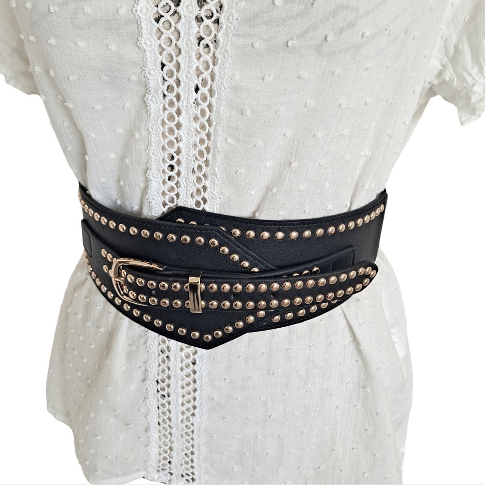 Wide black faux leather gold buckle studded Belt corset stretch punk Statement - Picture 5 of 10